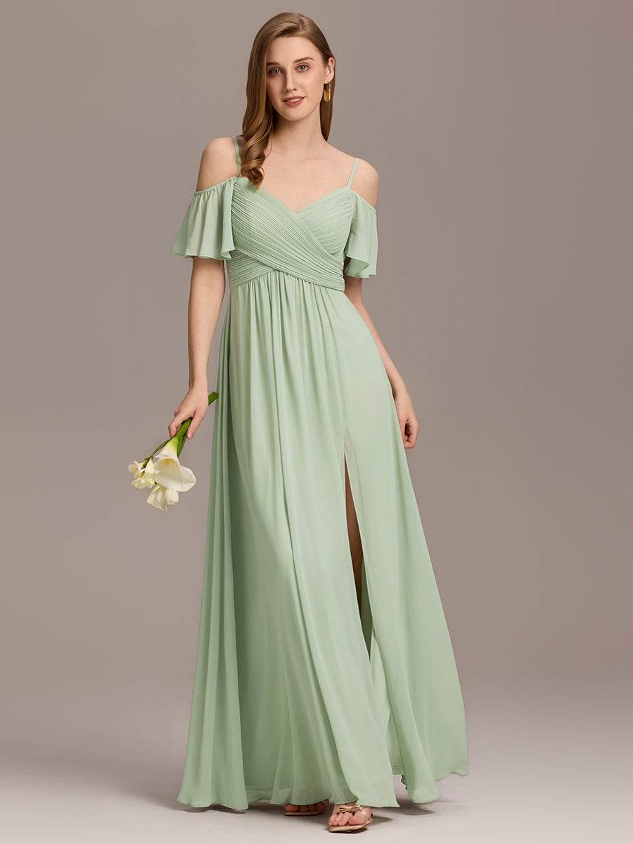 Off Shoulder Short Sleeve Pleated A-Line Bridesmaid Dress with Side Split – Floor Length - Biamonde